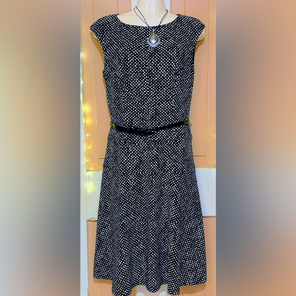 Chaps Black & White Polka Dot Fit-and-Flare Dress